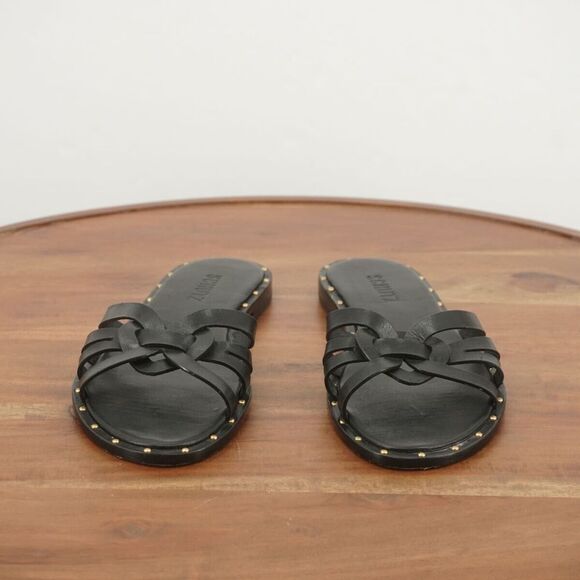 Schutz Womens Phoenix Flats Slide On Sandals Black Leather Gold Studs Size 7.5B - Picture 3 of 11